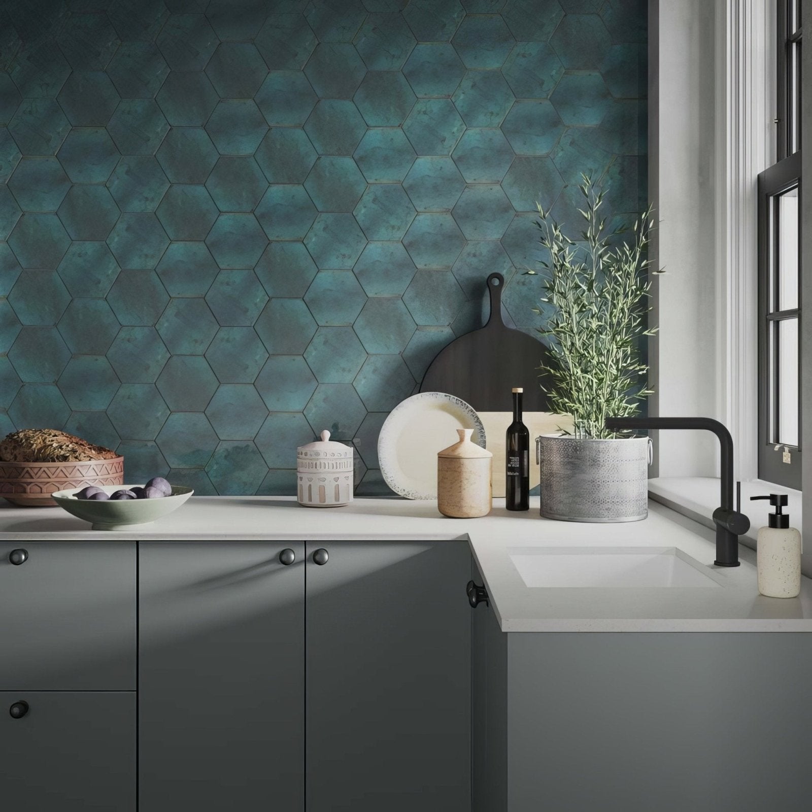 Dark teal hexagon gloss ceramic wall tile backsplash with a smooth finish in hope blue hexagon gloss ceramic wall