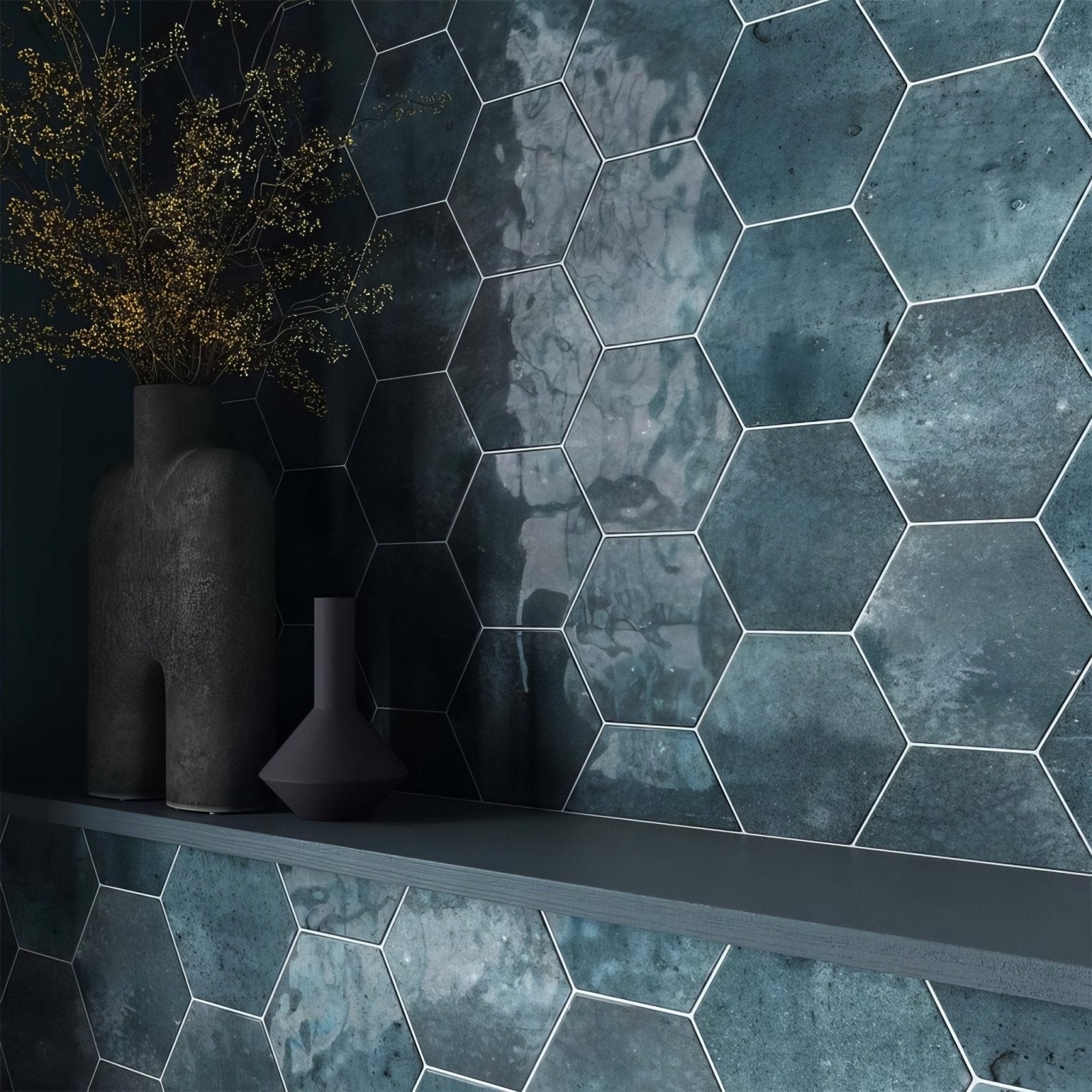 Hope blue hexagon gloss ceramic wall tiles featuring dark teal matte textured finish with white grout lines