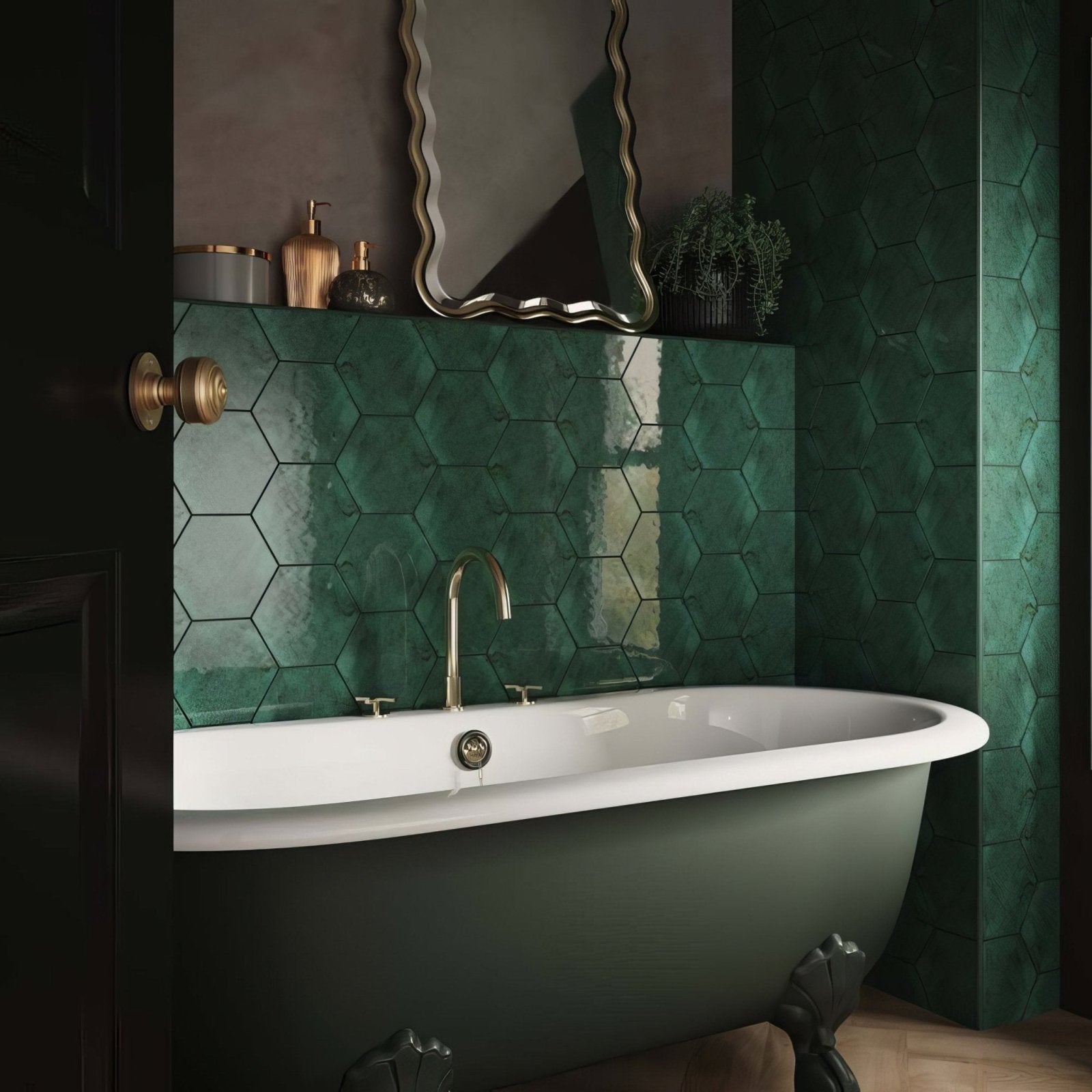 Dark green hexagon gloss ceramic wall tiles with a white clawfoot bathtub in a bathroom setting