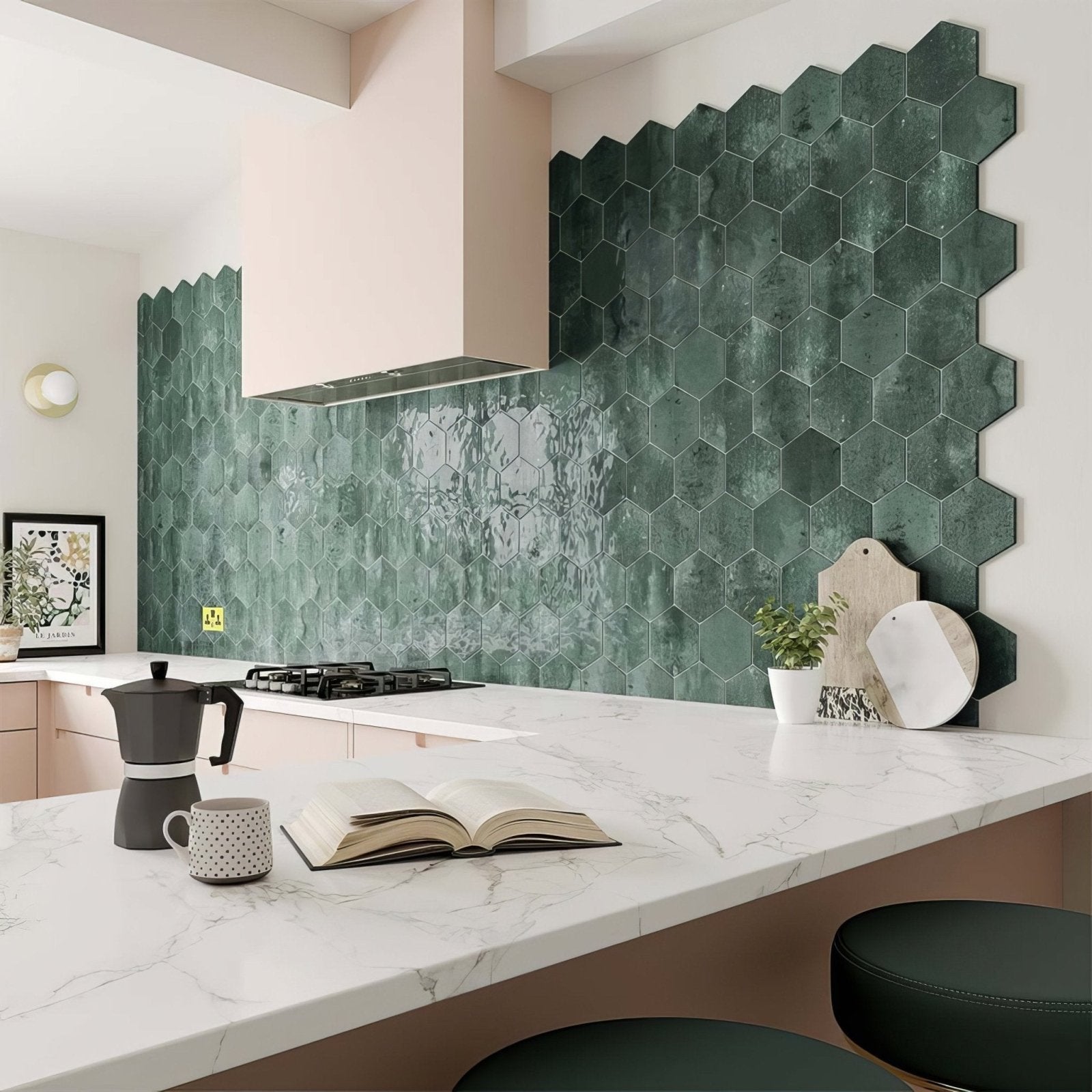 Dark green hope green hexagon gloss ceramic wall tiles with matte textured finish used on kitchen backsplash