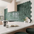 Dark green hope green hexagon gloss ceramic wall tiles with matte textured finish used on kitchen backsplash