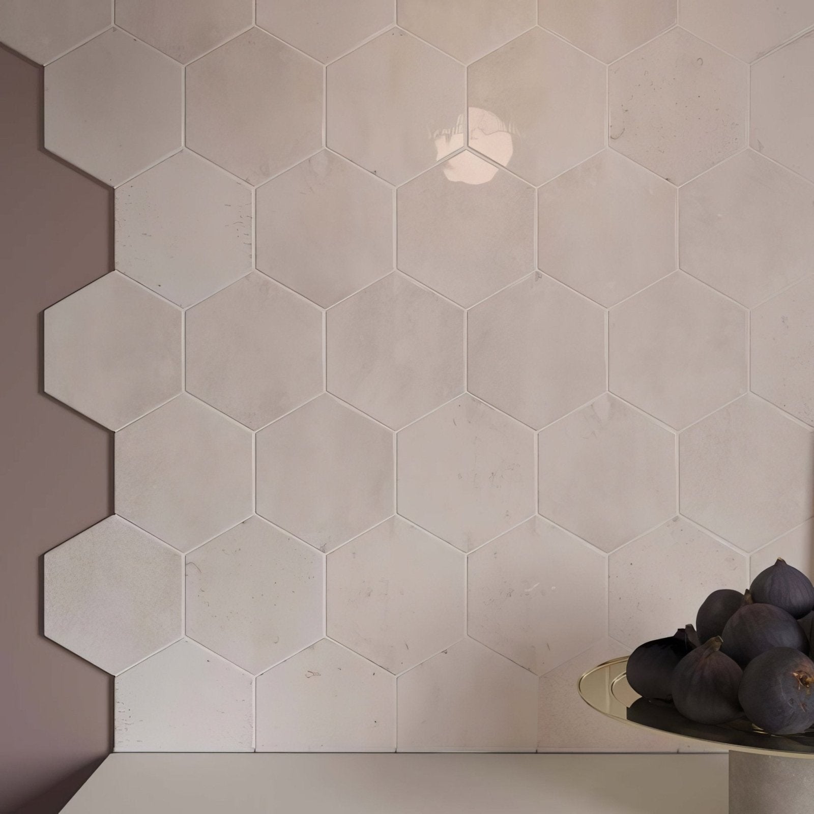 Beige hexagon gloss ceramic wall tiles with subtle marble veining from the Hope Rose Hexagon Gloss Ceramic Wall collection