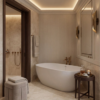 Hoxton Porcelain Amber Linear Décor Matt, a beige porcelain tile with vertical ridged grooves