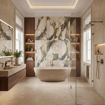 Hoxton Porcelain Four Seasons Décor Brushed, a marble-effect porcelain tile in soft beige tones