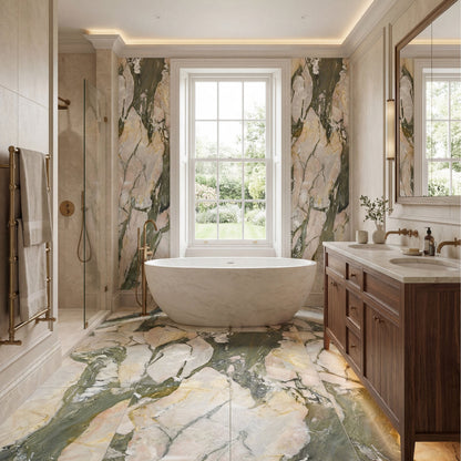 Hoxton Porcelain Four Seasons Décor Brushed marble-effect porcelain tile with pink, green and gold veining
