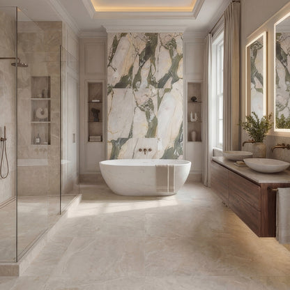 Modern bathroom with a freestanding bathtub, marble wall, and wooden vanity.