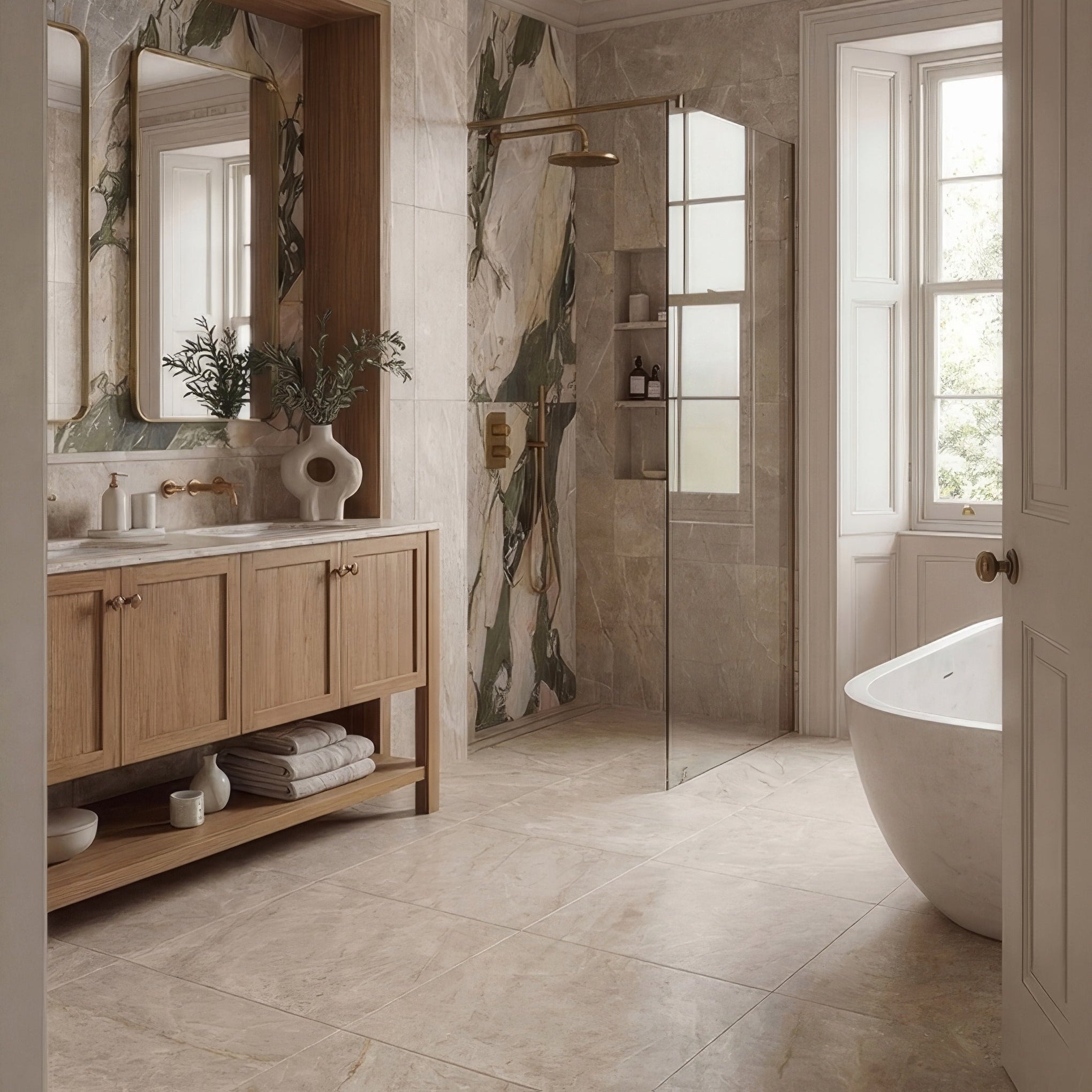 Modern bathroom with wooden vanity, freestanding bathtub, and shower area.
