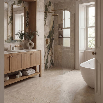 Modern bathroom with wooden vanity, freestanding bathtub, and shower area.