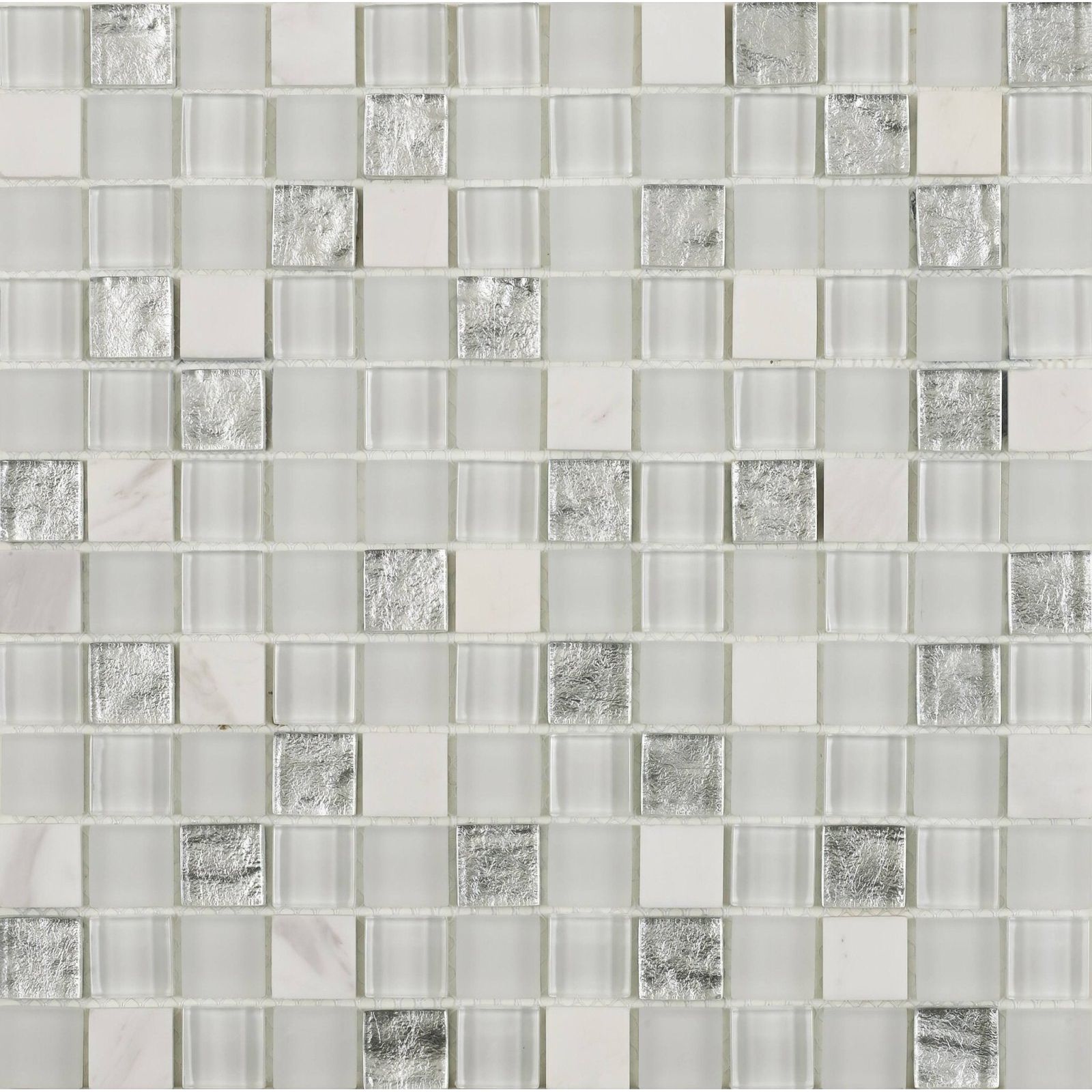 Hutton white silver glass and stone mix mosaic tile with silver and frosted glass featuring a subtle metallic sheen