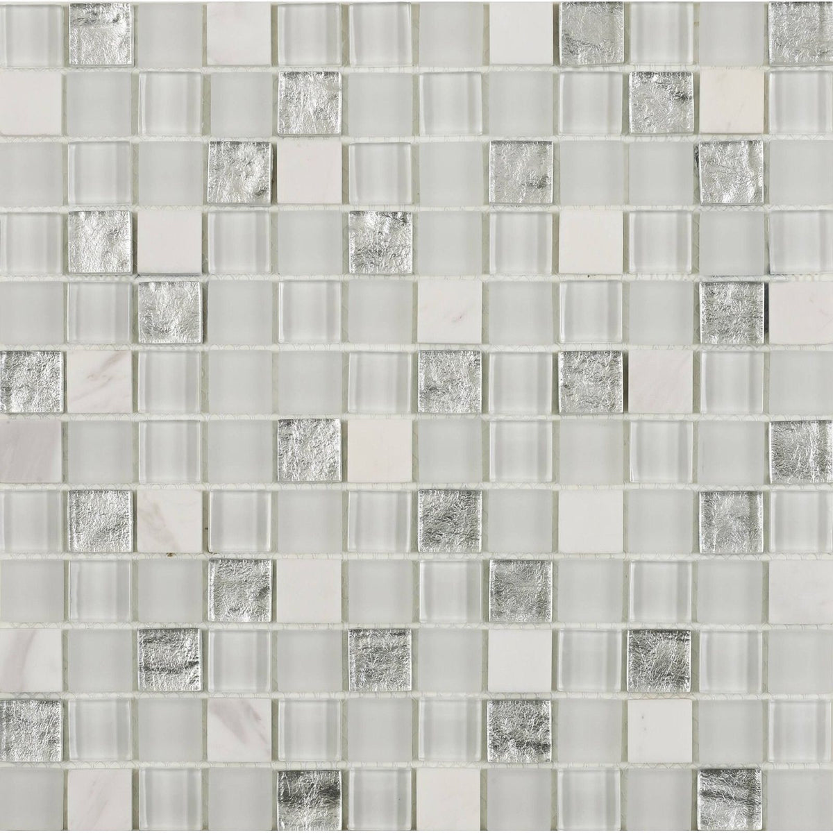 Hutton white silver glass and stone mix mosaic tile with silver and frosted glass featuring a subtle metallic sheen