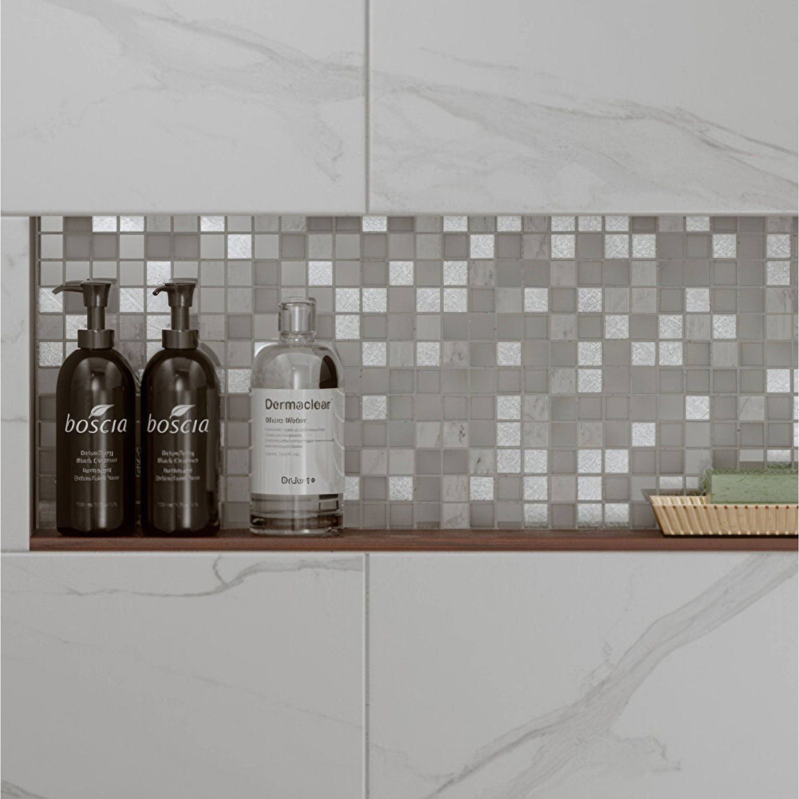 Hutton White Silver Glass and Stone Mix Mosaic silver and frosted glass mosaic shelf with body lotion and water bottles