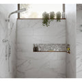 Hutton White Silver Glass and Stone Mix Mosaic silver and frosted glass mosaic with a chrome showerhead
