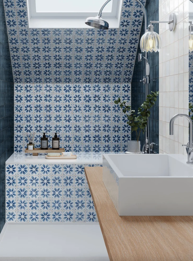Dakota Flora Ice blue and white floral porcelain wall tiles around a shower and basin