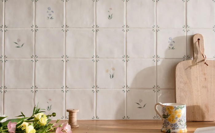 Spring Lucie ceramic tiles with delicate floral details in a kitchen
