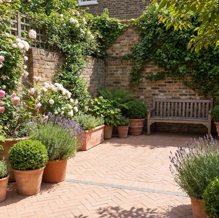 Wansdyke terracotta tiles in a garden courtyard