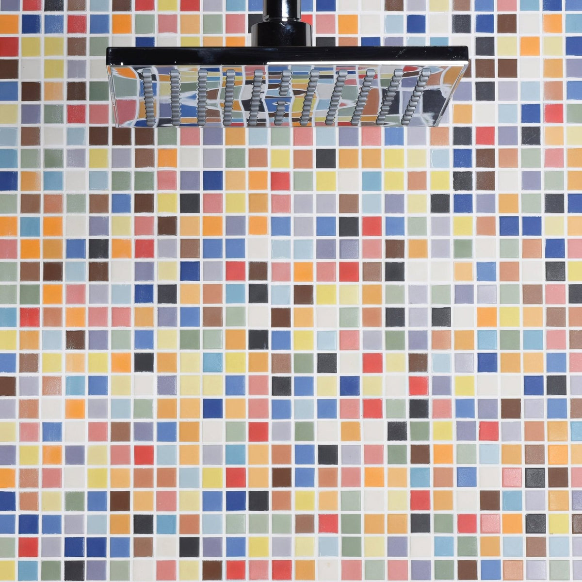 Ibiza Porcelain Mosaic multicoloured porcelain mosaic with a chrome rectangular showerhead