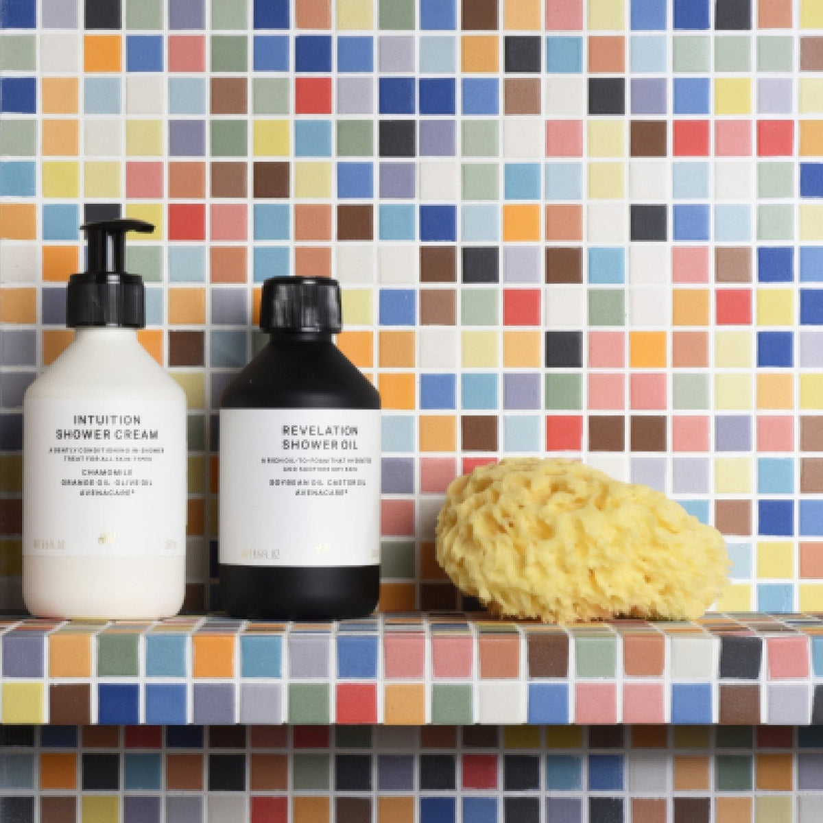 Ibiza Porcelain Mosaic multicoloured porcelain mosaic with shower cream and oil bottles