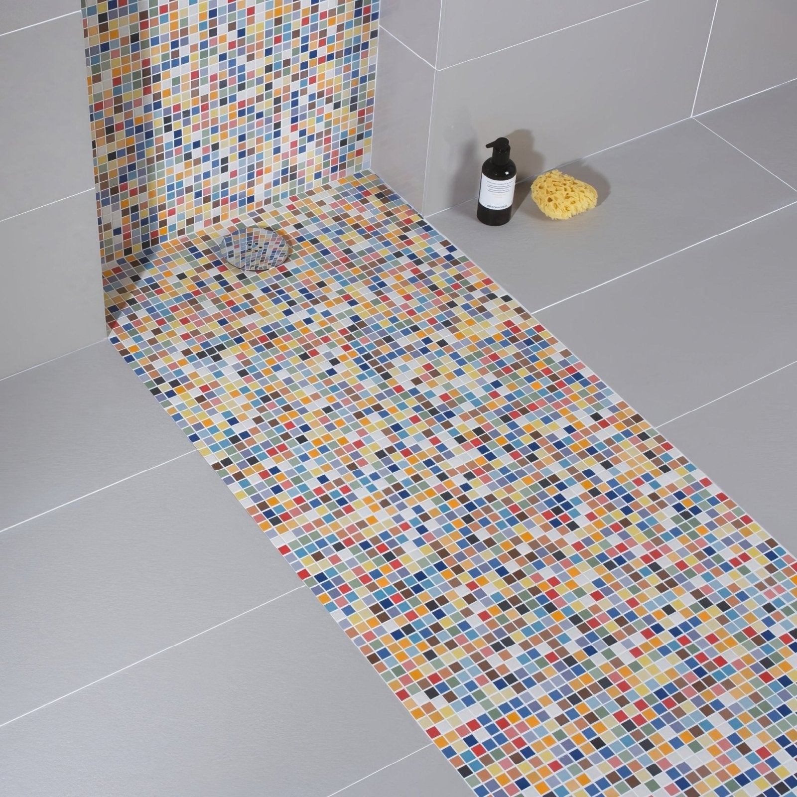 Vibrant ibiza porcelain mosaic shower floor with multicolored small square tiles in yellow blue red and white