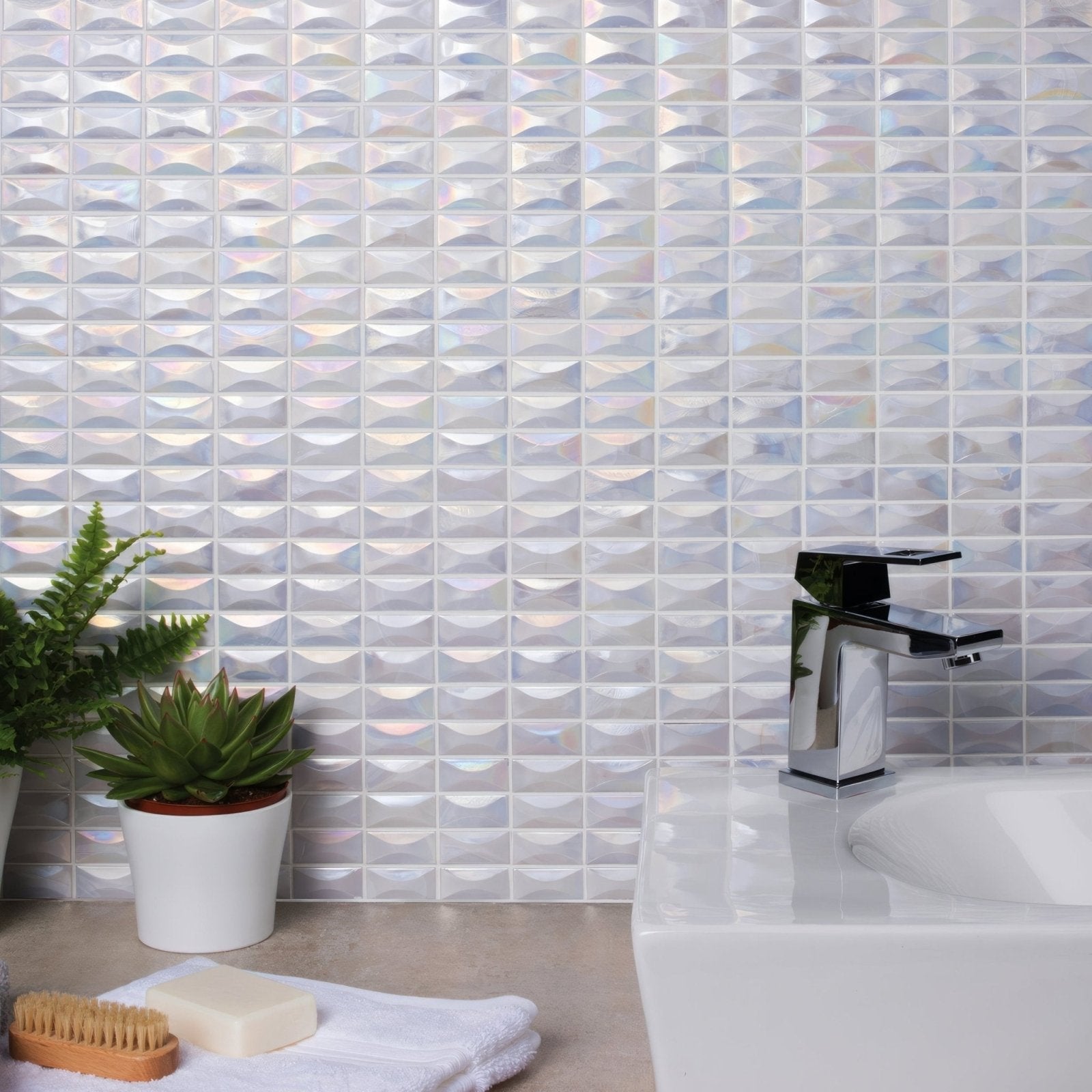Iridescent white ice raised rectangle mosaic tile wall with geometric diamond pattern for decorative surfaces