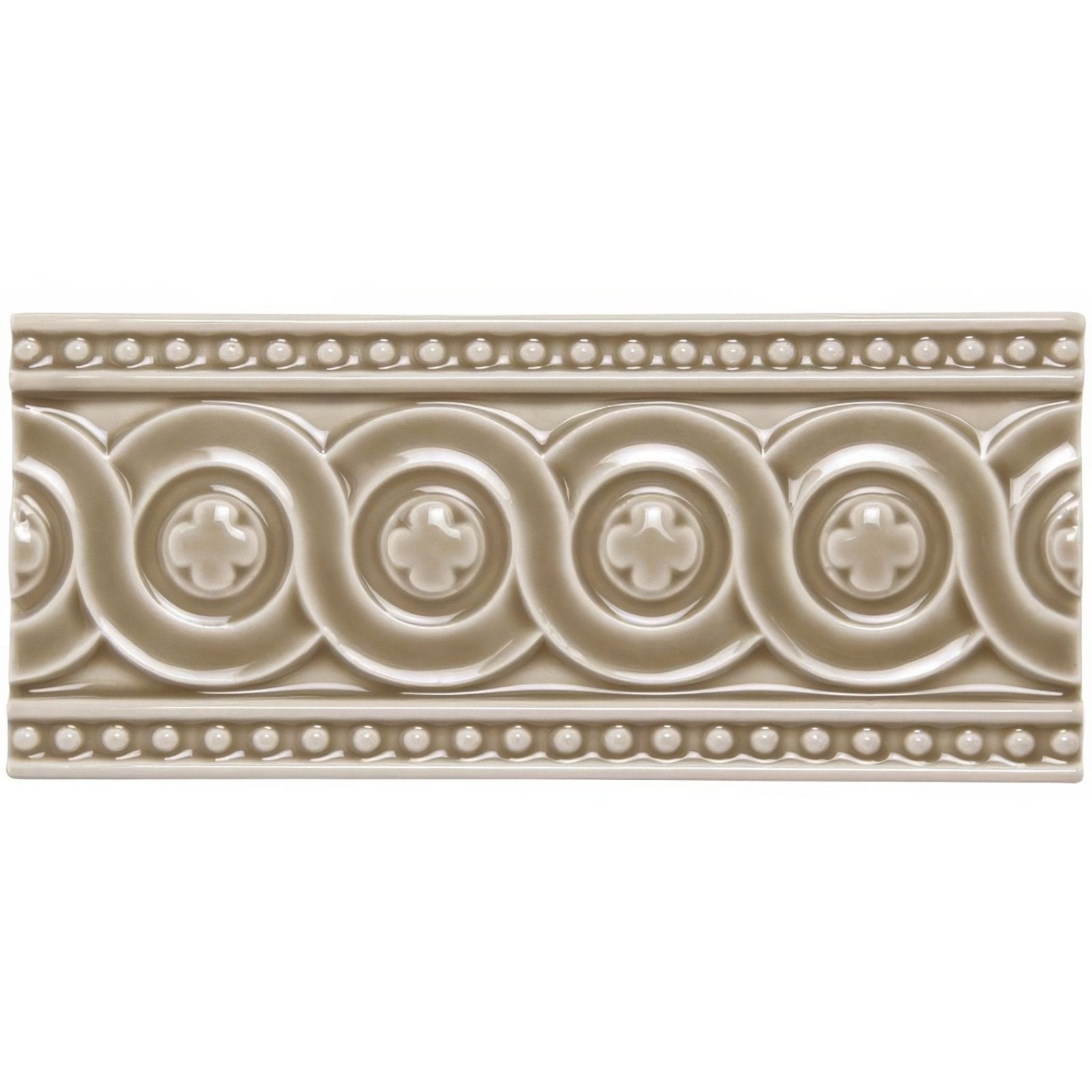 Beige ceramic tile Ickworth Baroque with raised interlocking circles and clover decorative pattern