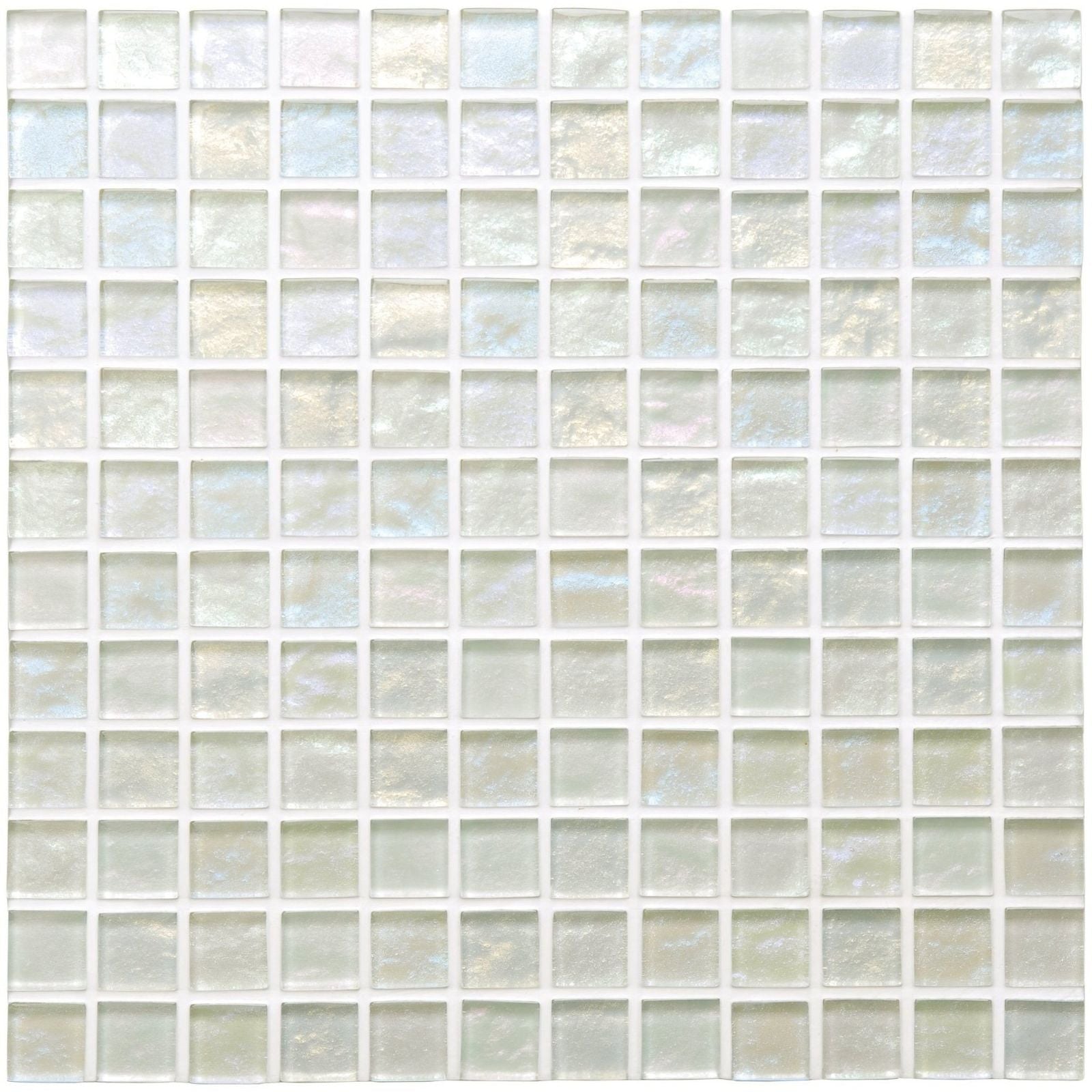 Iridescent white glass mosaic tile with subtle pearlescent sheen from Illusion Glass Mosaic for decorative surfaces