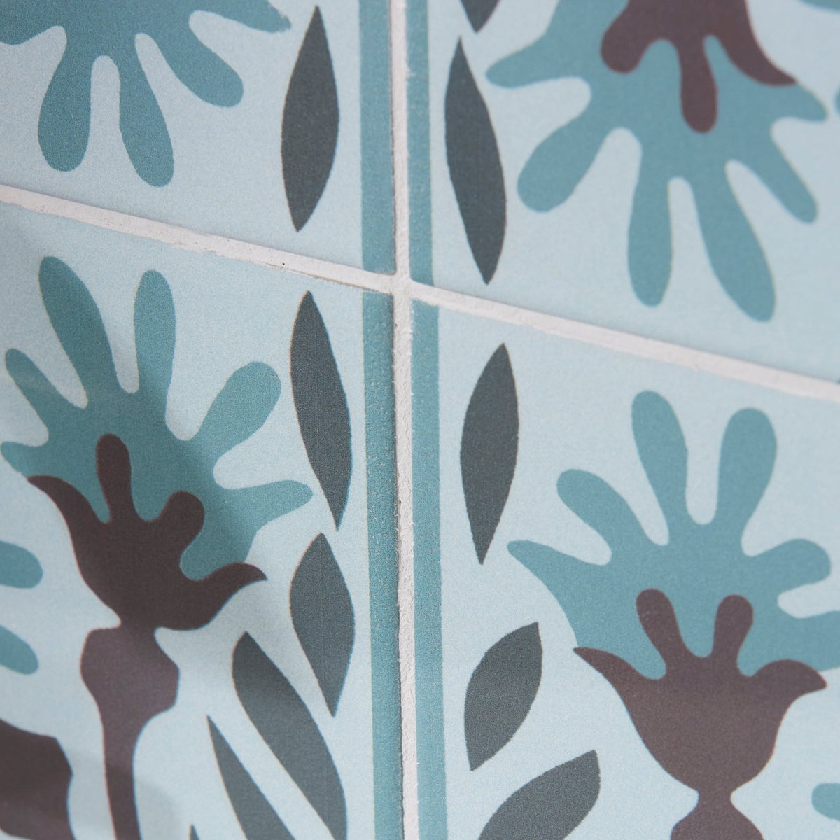 Light blue Indirah porcelain tile 20 x 20cm with stylized floral and leaf patterns in teal and brown