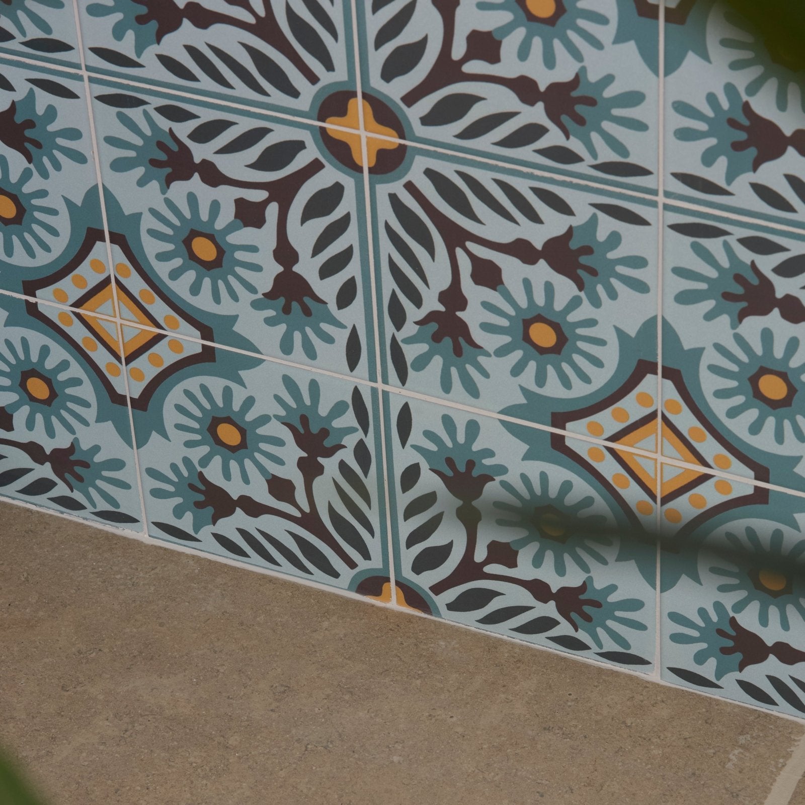 Indirah porcelain azure 20 x 20cm ceramic tiles with blue and brown patterns and yellow accents for decorative use