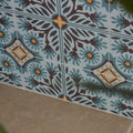 Indirah porcelain azure 20 x 20cm ceramic tiles with blue and brown patterns and yellow accents for decorative use