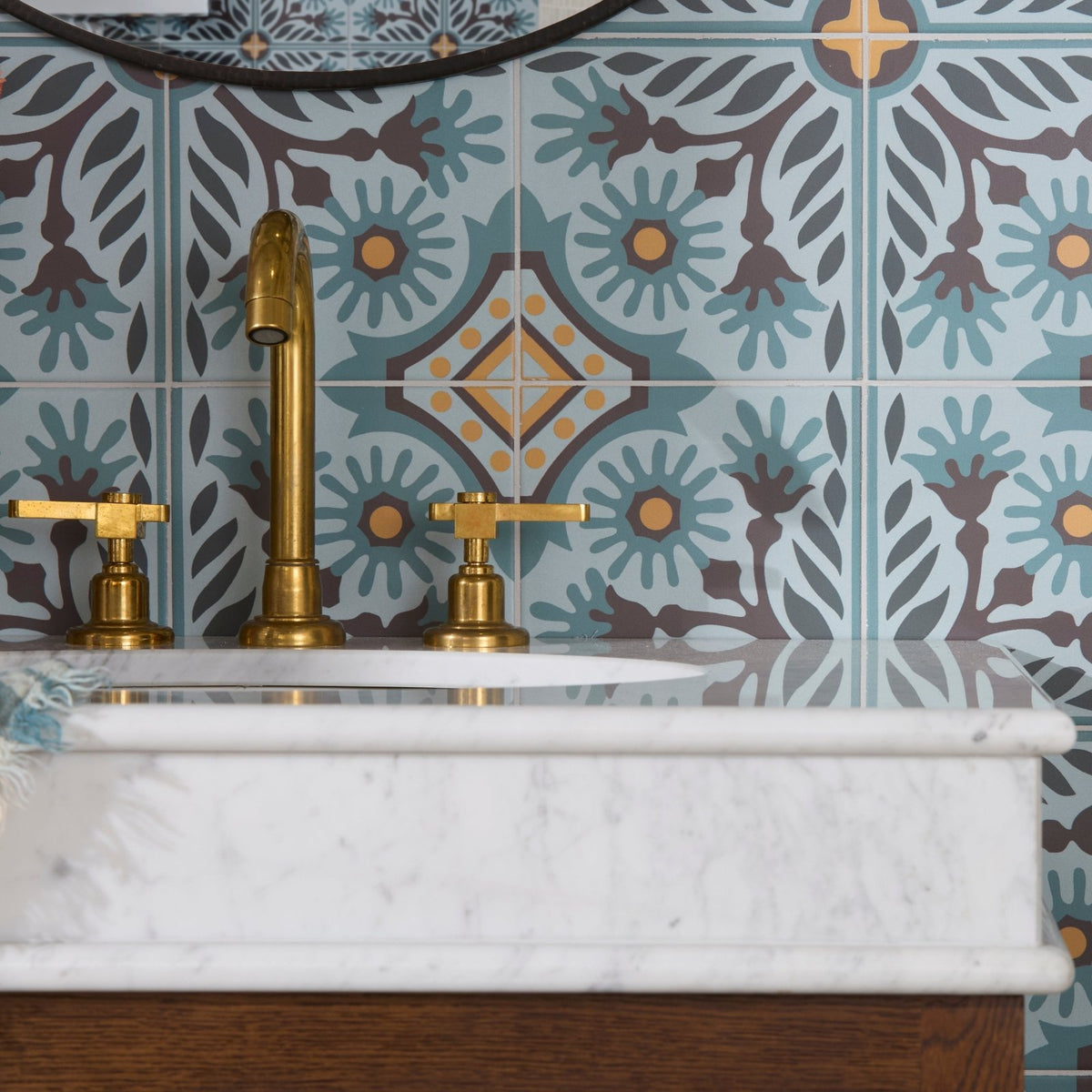 Indirah Porcelain Azure 20 x 20cm patterned porcelain tile as a backsplash
