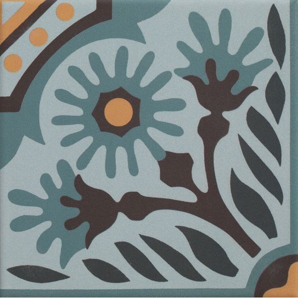 A square indirah porcelain tile 20 x 20cm with muted teal dark brown and orange floral leaf pattern on gray background