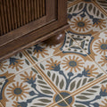 Indirah porcelain cotto 20 x 20cm patterned ceramic floor tiles with floral and geometric designs in beige blue and olive green