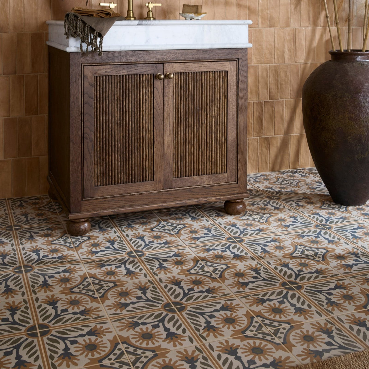 Indirah Porcelain Cotto 20 x 20cm cream and blue patterned porcelain tile