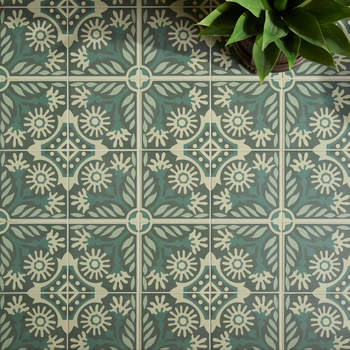 Indirah Porcelain Emerald 20 x 20cm teal and cream ceramic floor tiles with intricate floral and geometric patterns