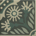 Dark green indirah porcelain tile 20 x 20cm with stylized cream and muted teal floral and leaf pattern