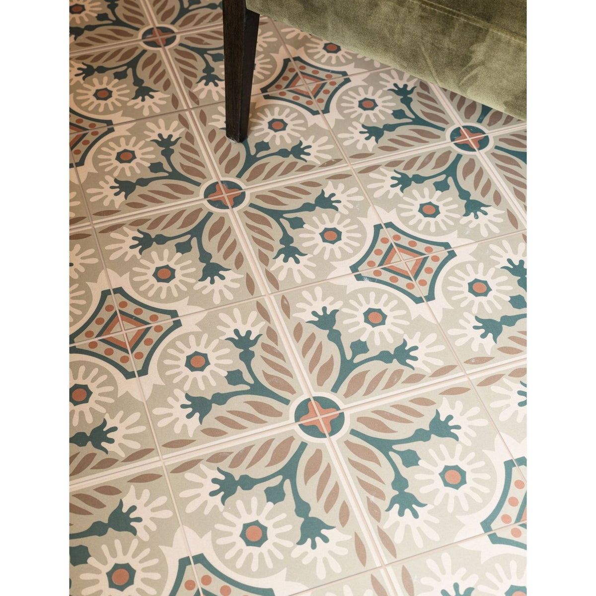 Indirah porcelain mocha 20 x 20cm beige and teal floral patterned ceramic floor tiles with vintage design