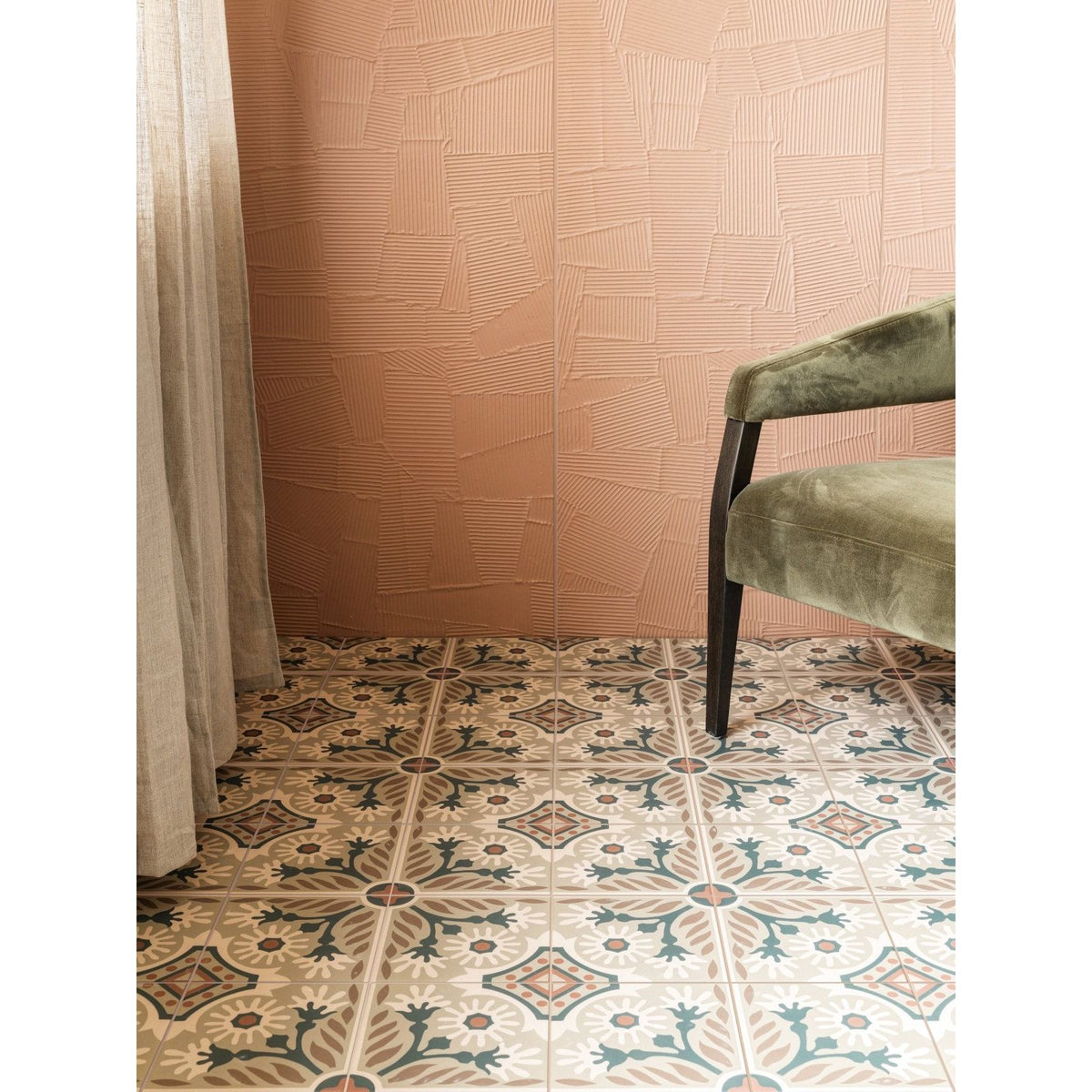Indirah Porcelain Mocha 20 x 20cm beige and teal patterned porcelain tile