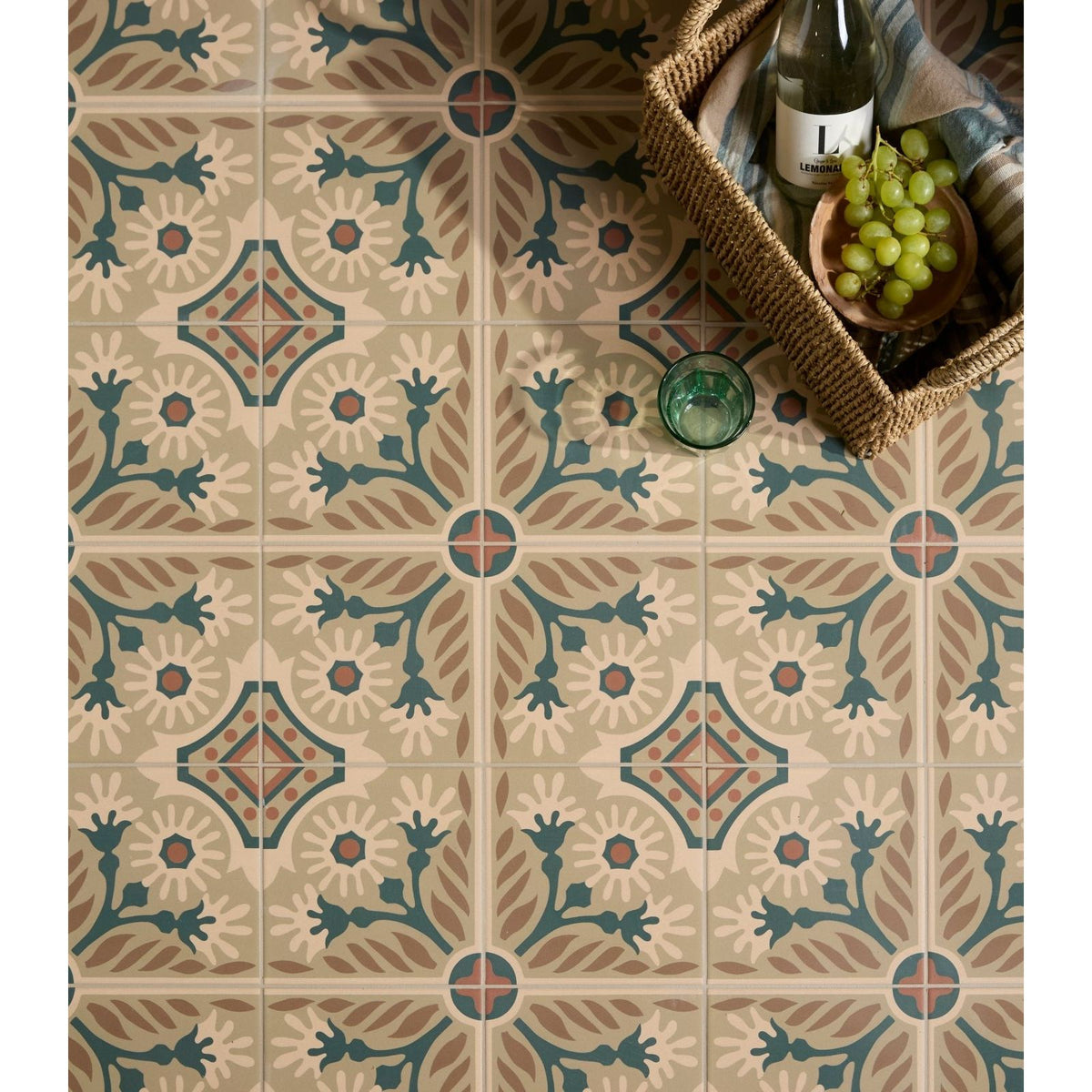 Indirah porcelain mocha 20 x 20cm ceramic floor tiles with beige and teal floral and geometric patterns