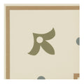 Indio external corner tile with minimalist olive green floral emblem on cream background and tan borders