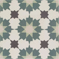 Infusion Amparo patterned tile with geometric star and diamond design in muted teal cream and dark brown tones