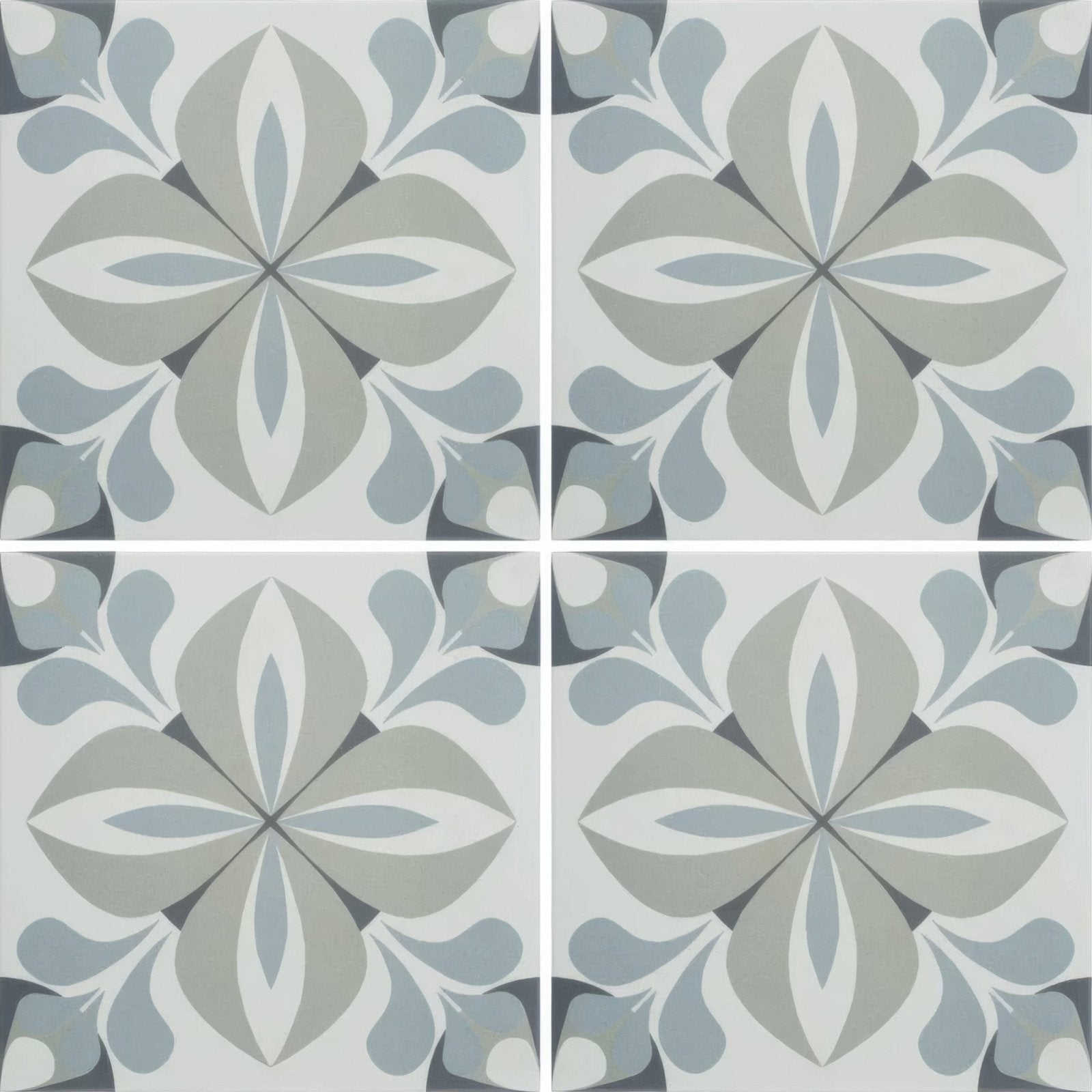 Gray and white floral-patterned ceramic floor tiles with vintage-inspired infusion lousa patterned tile design