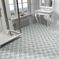 Gray and white patterned infusion lousa tile with vintage floral design for bathroom flooring