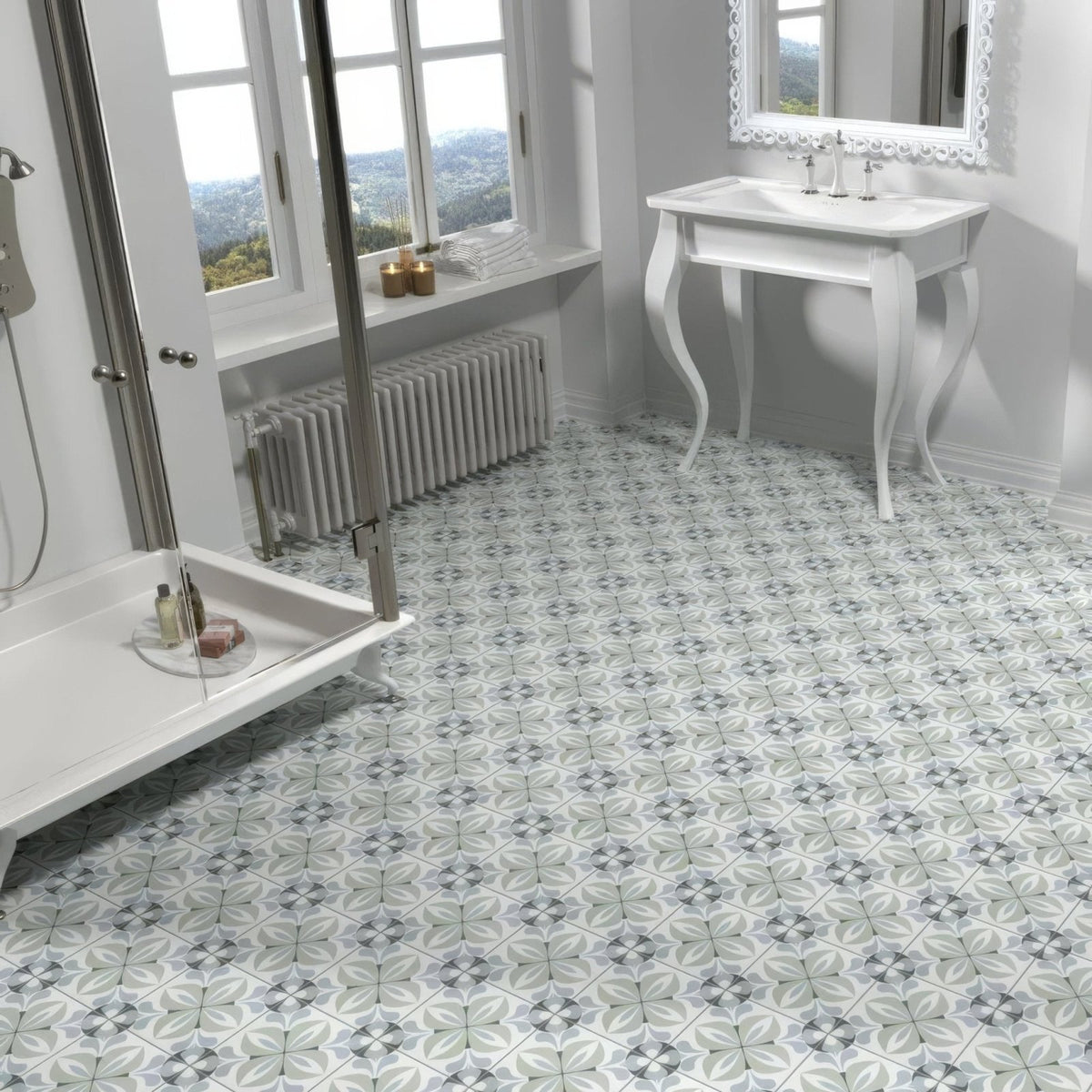 Gray and white patterned infusion lousa tile with vintage floral design for bathroom flooring