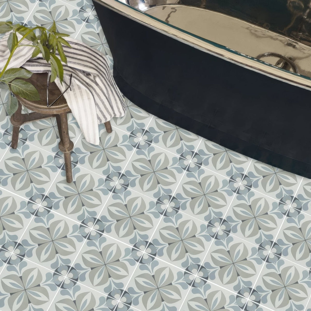 Gray and white floral patterned infusion lousa vintage bathroom floor tile with decorative design