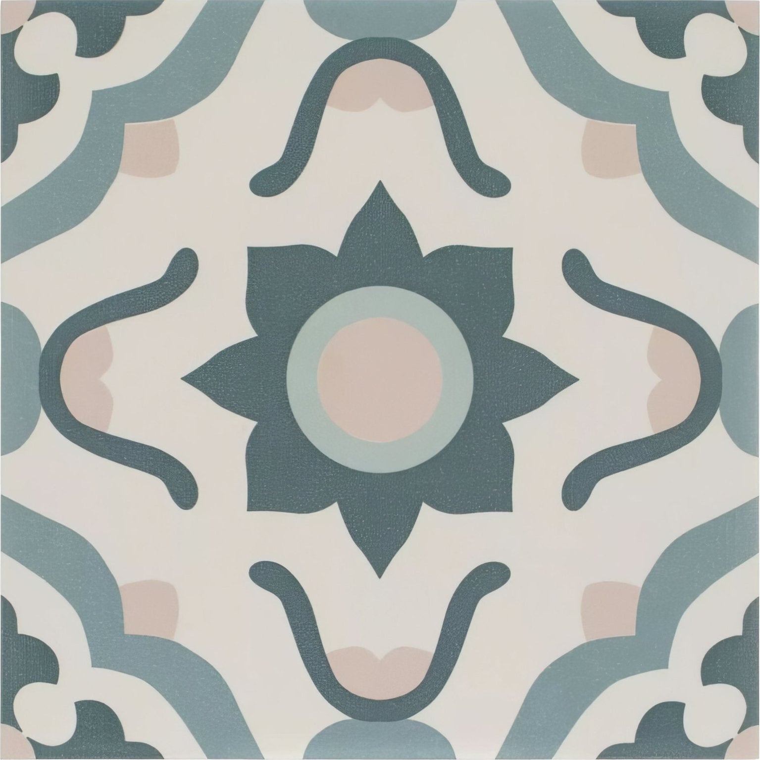 A square ceramic tile featuring a symmetrical ornate floral pattern in muted teal soft pink and cream tones infusion nazare patterned tile