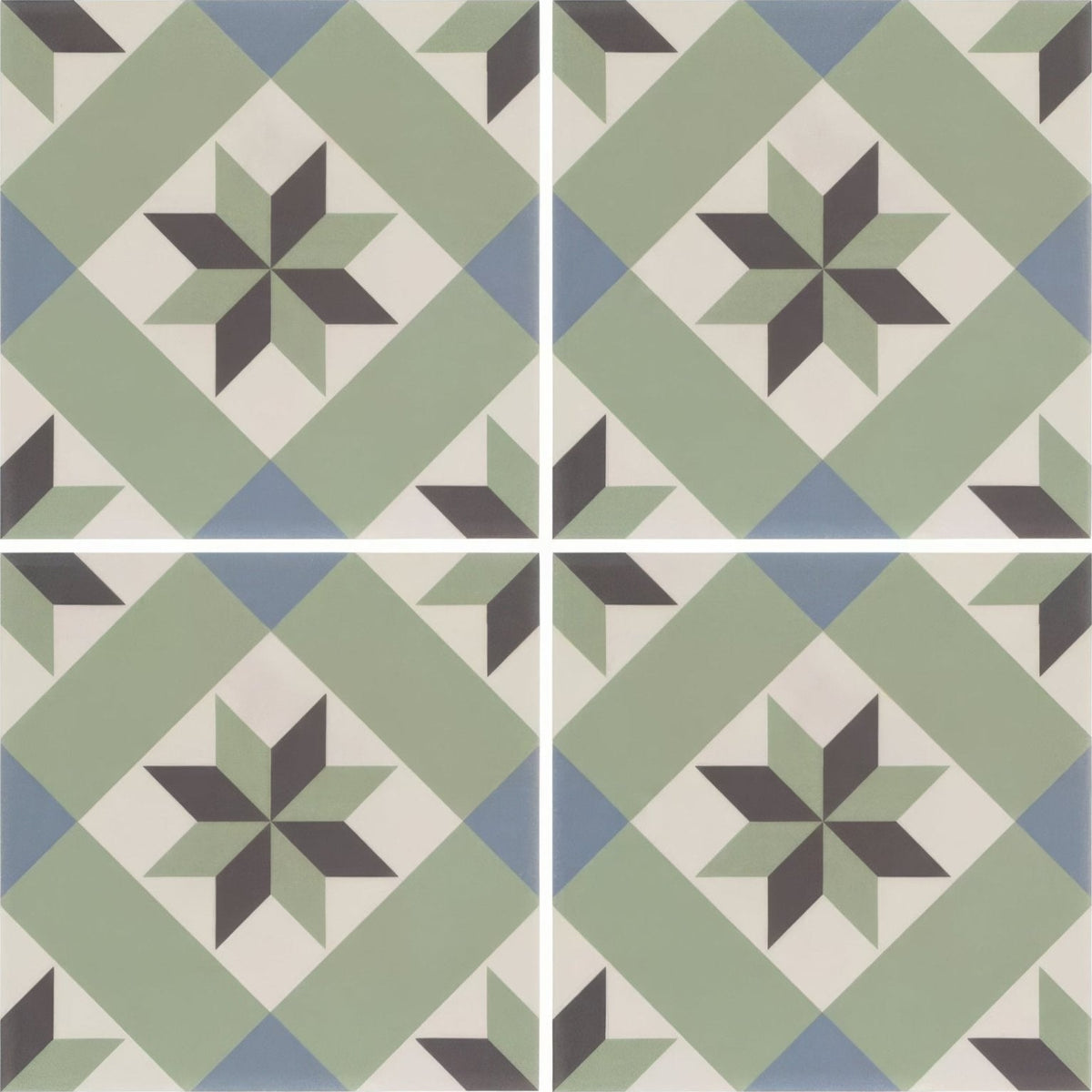 Vintage-style ceramic infusion ribeira patterned floor tile with geometric star design in sage green blue and dark gray tones