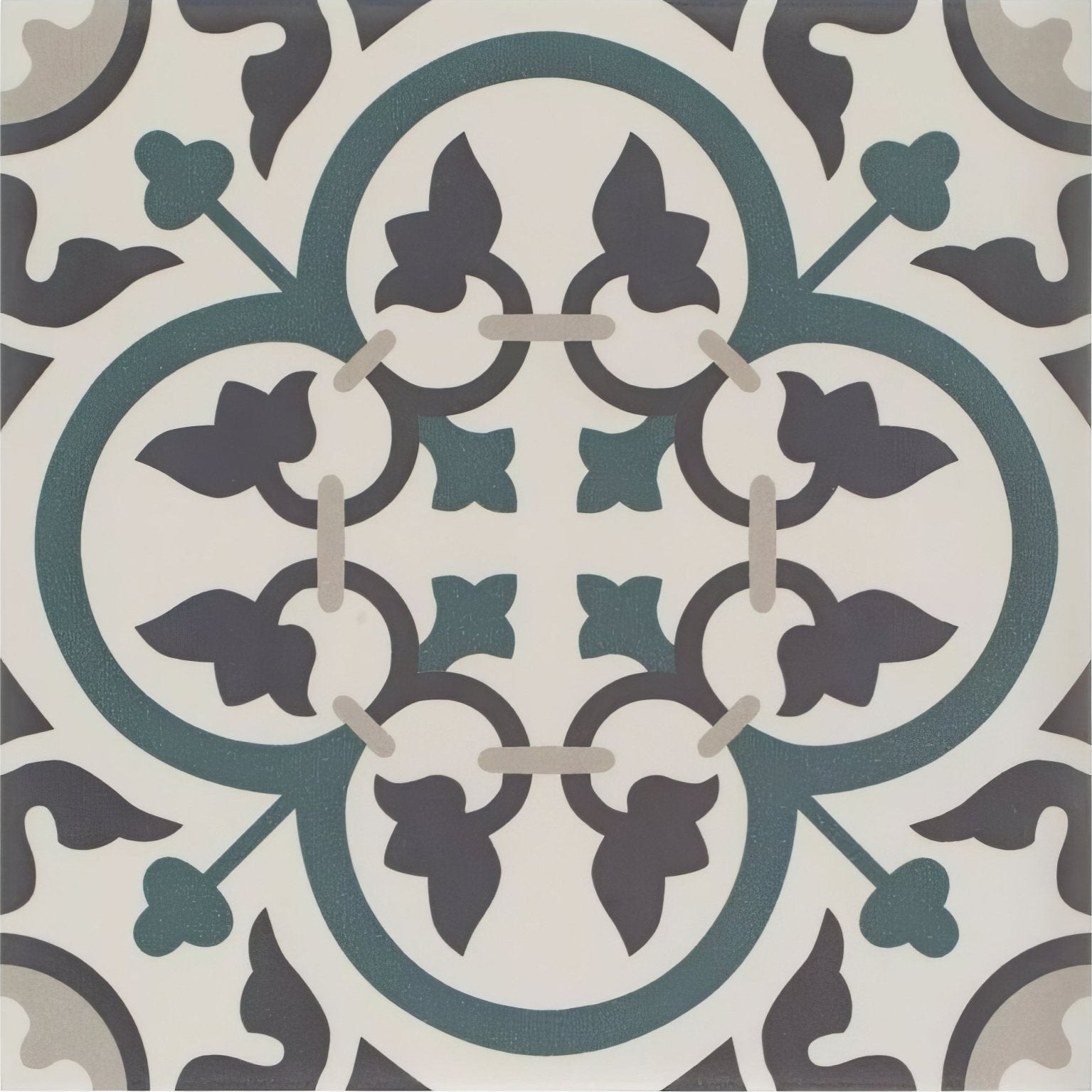 A square ceramic infusion st etienne patterned tile with symmetrical dark gray and teal quatrefoil leaf design on off-white