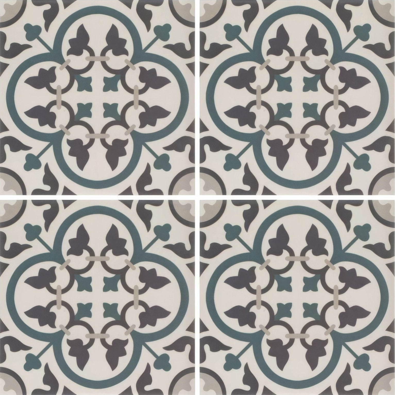 Infusion st etienne patterned tile with quatrefoil ceramic design in muted teal dark gray and off-white tones