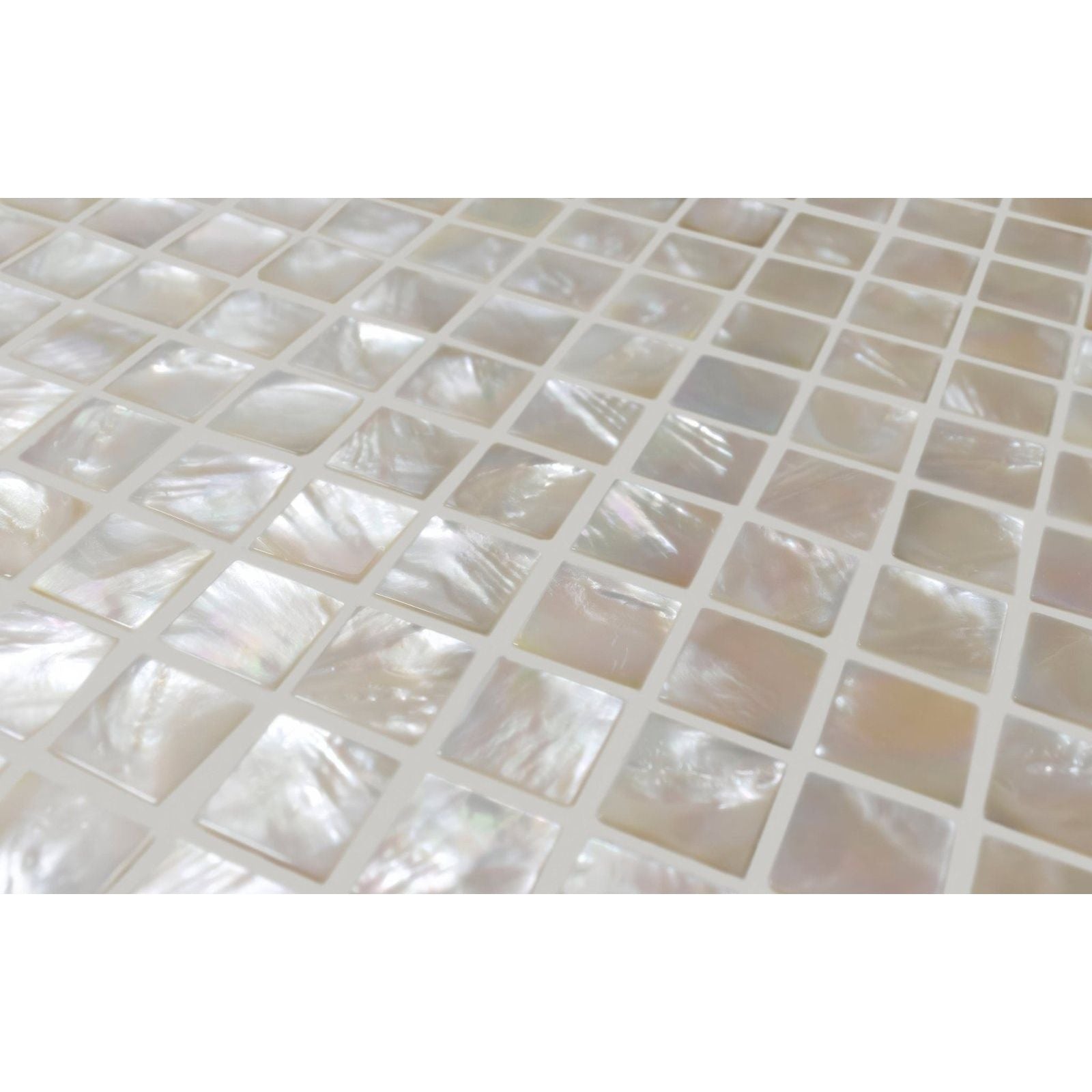 White square mosaic tile innocence 25mm square with glossy iridescent mother-of-pearl surface