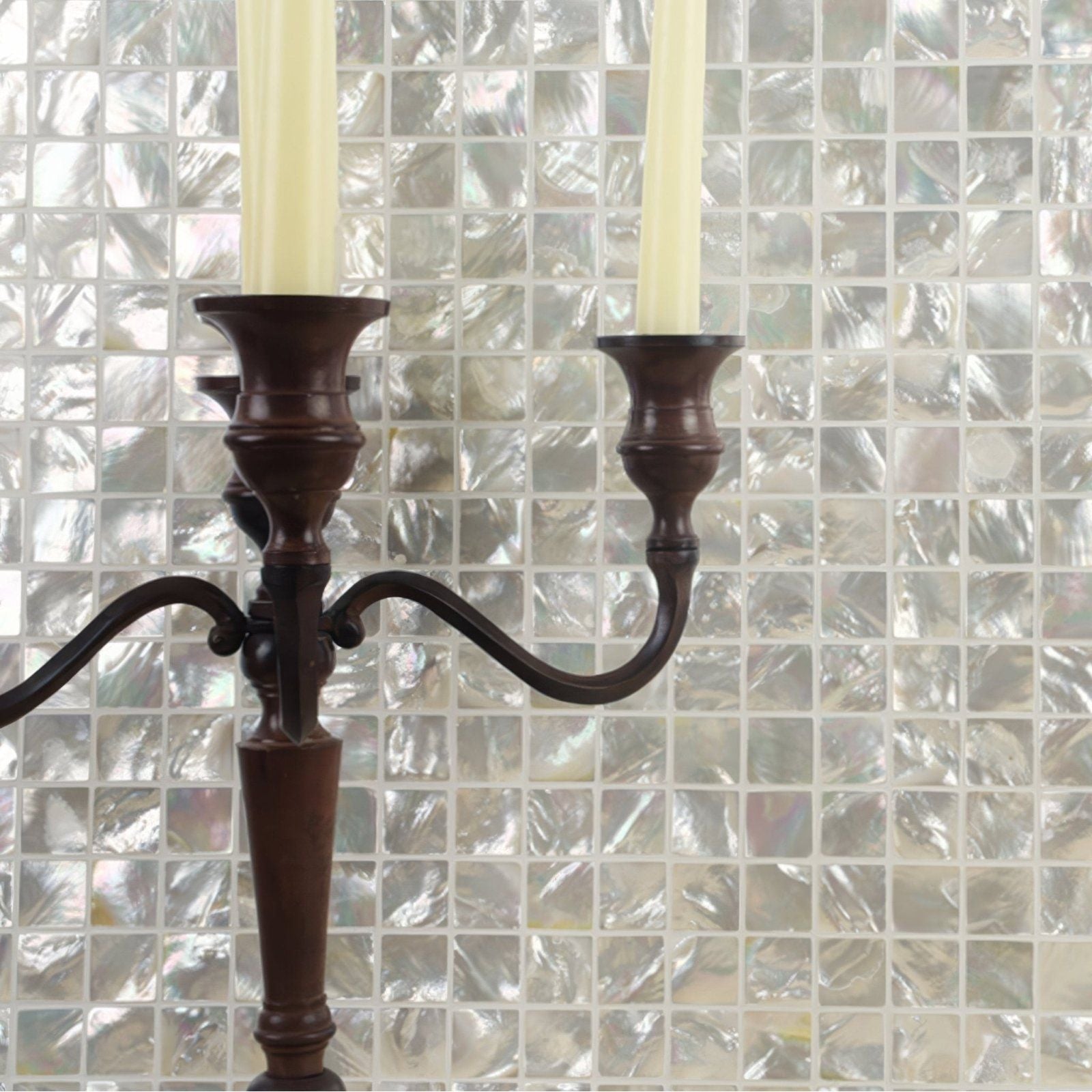 Innocence 25mm Square mother-of-pearl mosaic with a wooden two-arm candle holder