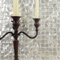 Innocence 25mm Square mother-of-pearl mosaic with a wooden two-arm candle holder